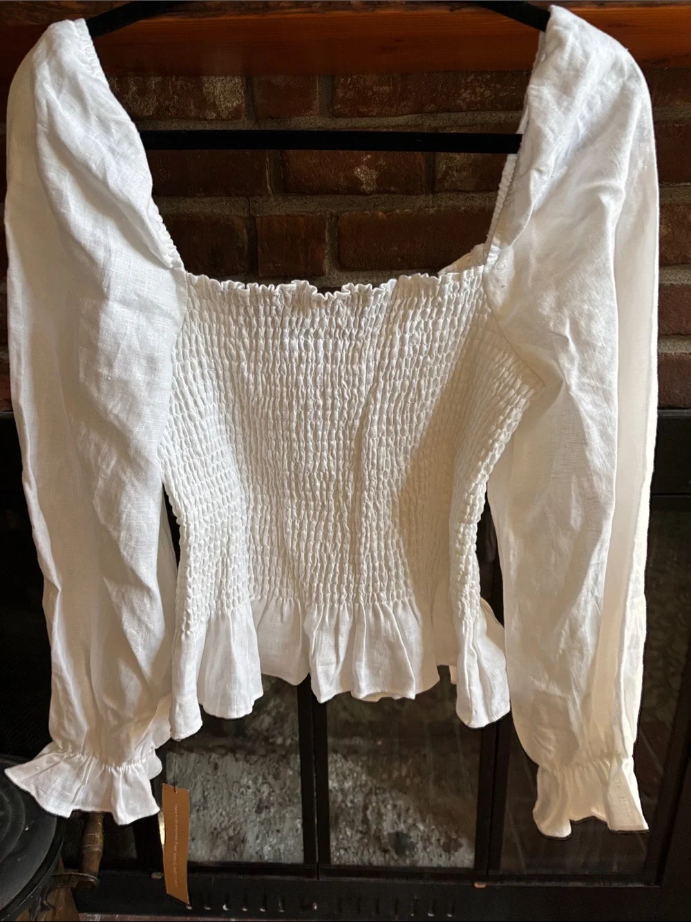 Reformation White Smocked Peplum Long-Sleeve Blouse